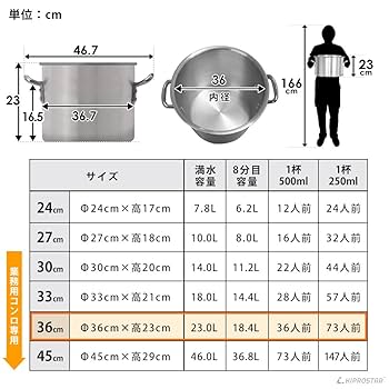 Amazon | 業務用 アルミ半寸胴鍋 蓋付き プレミア 満水23L 36cm
